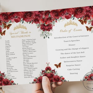 Red Floral Gold Princess Butterflies Quinceañera Program Printable EDITABLE TEMPLATE Padrinos Damas Order of Events Mis Quince Birthday QC13