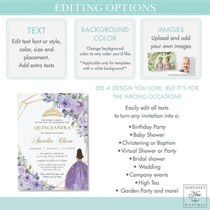 May include: Purple and gold Quincea&ntilde;era invitation with a floral design and a photo of a young woman in a purple dress. The text on the invitation reads "MR. & MRS. GARCIA INVITE YOU TO CELEBRATE THE QUINCEA&Ntilde;ERA OF THEIR DAUGHTER Aurelia Clara".