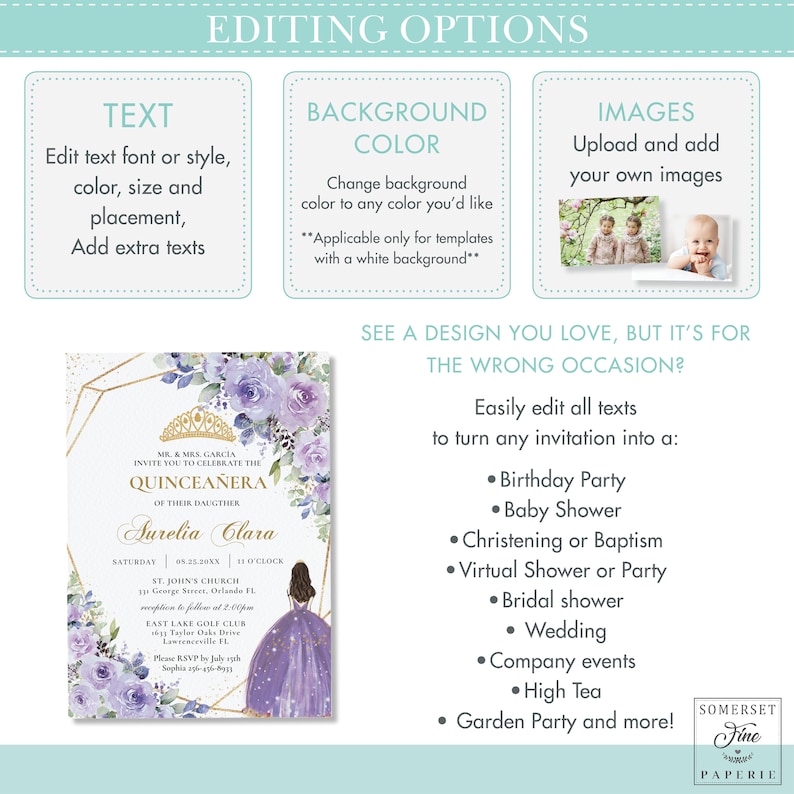May include: Purple and gold Quincea&ntilde;era invitation with a floral design and a photo of a young woman in a purple dress. The text on the invitation reads "MR. & MRS. GARCIA INVITE YOU TO CELEBRATE THE QUINCEA&Ntilde;ERA OF THEIR DAUGHTER Aurelia Clara".