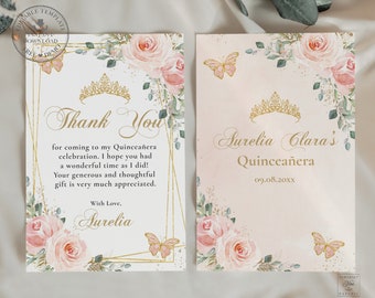 Blush Pink Floral Gold Butterflies Quinceañera Thank You Card EDITABLE TEMPLATE, Mis Quince 15 XV 16th 18th Birthday Instant Printable QC7