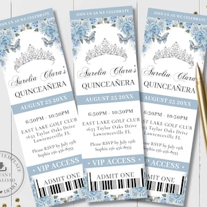 Baby Blue Floral Princess Silver Crown Tiara Quinceañera VIP Ticket Invitation EDITABLE TEMPLATE Quince 15 Sweet 16 Birthday Printable QC18