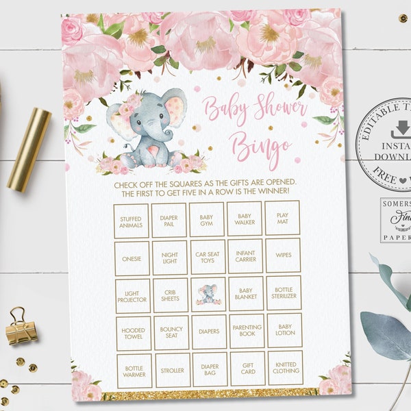 EDITABLE TEMPLATE, Baby Shower Bingo Game, Cute Pink Floral Baby Elephant Sprinkle Fun Activity Pdf Printable File, INSTANT Download, EP5