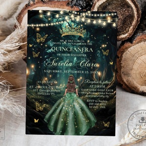Enchanted Forest Emerald Green Dress Princess Quinceañera Invitation Quince 15 16th Birthday Invite Editable Template Printable Download EF2
