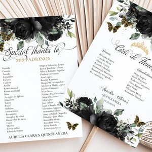Borboletas pretas florais douradas Quinceañera Padrinos Chambelanes Lista para impressão, MODELO EDITÁVEL, Mis Quince 15 Anos Download INSTANTÂNEO, QC25