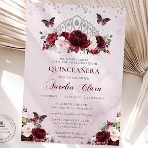 Burgundy Blush Floral Silver Crown Quinceañera Invitation, INSTANT DOWNLOAD, Quince 15 Anos Birthday Invite Editable Template Printable, QC1