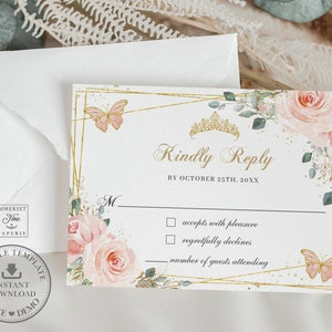 Blush Pink Floral Butterflies Quinceañera RSVP Card Printable EDITABLE TEMPLATE, Mis Quince 15 Anos Diy 16th Birthday, Instant Download, QC7