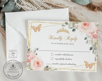 Blush Pink Floral Butterflies Quinceañera RSVP Card Printable EDITABLE TEMPLATE, Mis Quince 15 Anos Diy 16th Birthday, Instant Download, QC7