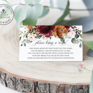 BEWERKBARE SJABLOON, 3,5"x2" bijlagekaart, Bourgondië verbrand oranje Blush rozen bloemen bruiloft bruids douche digitale Pdf, INSTANT Download, RB3