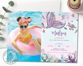 May include: A mermaid-themed birthday invitation with a photo of a girl in a pool. The invitation features a purple and gold mermaid tail with glitter, seashells, and the text "Madison is turning 8. Join us under the sea to celebrate. Saturday, August 20, 20XX. 10:30am to 1:30pm. 58 Pacific Drive, Oceanview. RSVP by August 5th to Jane 555-4669-8896."