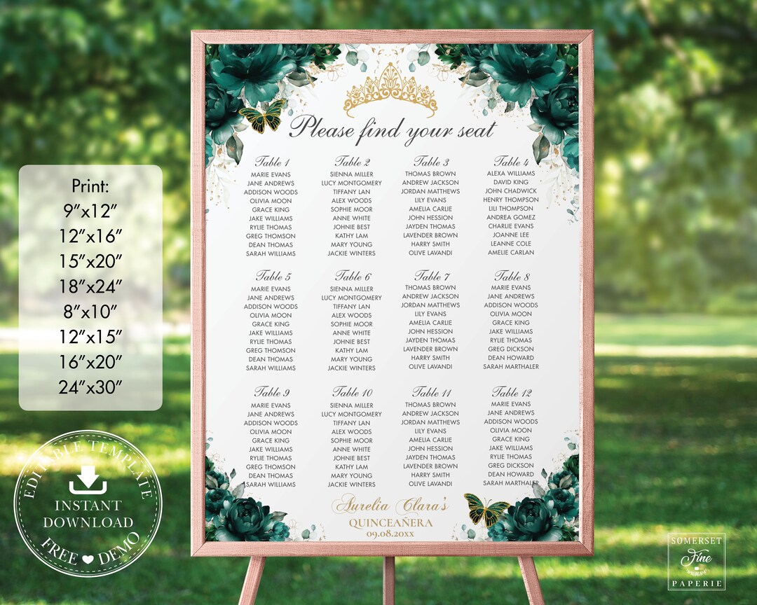 Emerald Green Floral Quinceañera Seating Chart Printable, EDITABLE ...