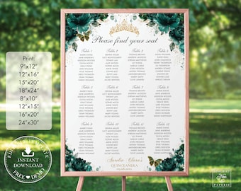 Emerald Green Floral Quinceañera Seating Chart Printable, EDITABLE TEMPLATE, Mis Quince 15 Anos 18th 16th Birthday Diy INSTANT Download QC9