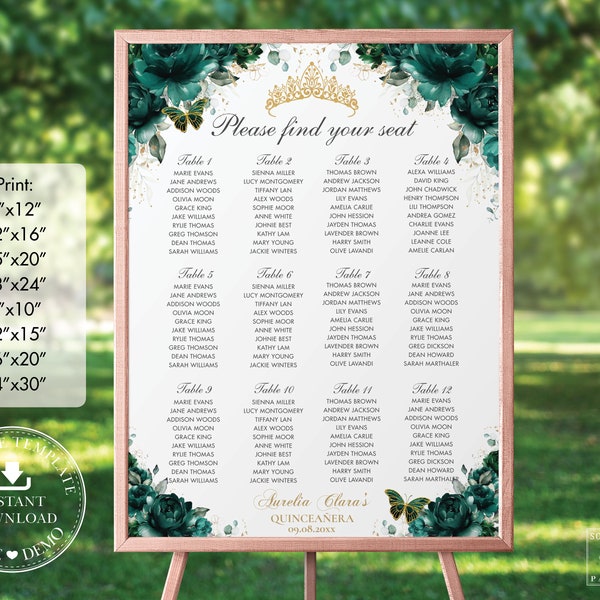 Emerald Green Floral Quinceañera Seating Chart Printable, EDITABLE TEMPLATE, Mis Quince 15 Anos 18th 16th Birthday Diy INSTANT Download QC9