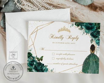 Puede incluir: Una tarjeta RSVP verde y dorada con un marco geométrico dorado y un diseño floral. La tarjeta presenta a una mujer negra con un vestido verde con brillo dorado. El texto de la tarjeta dice "Kindly Reply by October 25th, 20XX".