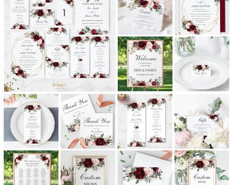 Floral Wedding Invitation Mega Bundle Set EDITABLE TEMPLATE | Wedding Printable | Chic Burgundy Blush Pink Flowers | Instant Download RB1