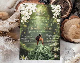 Princess and the Frog Green Gown Brown Princess Sweet 16 Quinceanera Invitation 16th Birthday Quince Invite Editable Template Printable EF3