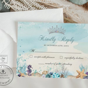 EDITABLE Under the Sea Turquoise Blue Green Quinceañera RSVP Reply Card Printable Quince 15 16th 18th Birthday Debutante Download File QC53