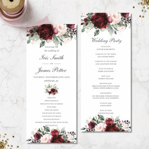 Slim Burgundy Blush Floral Wedding Program EDITABLE TEMPLATE, Bridal Fan Paddle Printable, Ceremony, Order of Events, INSTANT Download, RB1