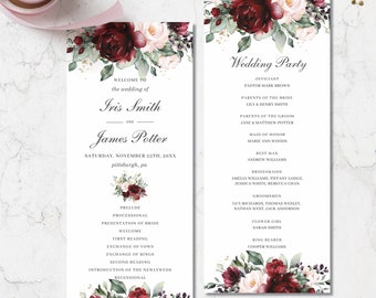 May include: Wedding ceremony program with burgundy and blush floral design. The program lists the order of events for the wedding of Iris Smith and James Potter, taking place on November 25th, 20XX in Pittsburgh, PA. It also includes a list of the wedding party members.