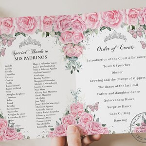 Pink Floral Silver Butterflies Girl Quinceañera Program Printable EDITABLE TEMPLATE Padrinos Damas Order of Events Mis Quince Birthday QC24