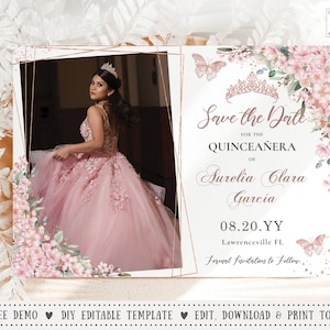 EDITABLE Cherry Blossoms Floral Rose Gold Quinceañera Photo Save the Date Postcard Printable Butterflies Quince XV 15 16 18th Birthday QC46