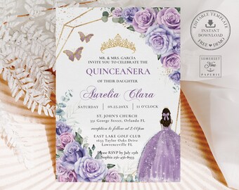 May include: Purple and gold Quinceañera invitation with a floral design and a silhouette of a girl in a purple dress. The invitation includes the names "Surelia Clara" and the date "08.25.20XX".