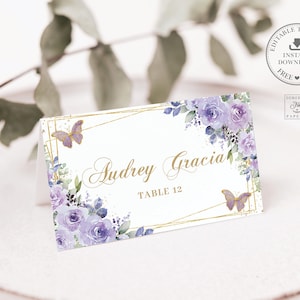 EDITABLE Purple Lilac Floral Butterflies Gold Place Cards Printable Guest Name Quinceañera Sweet 16 Birthday Download Printable File QC3
