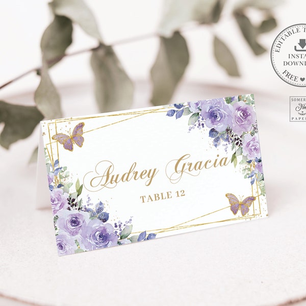 EDITABLE Purple Lilac Floral Butterflies Gold Place Cards Printable Guest Name Quinceañera Sweet 16 Birthday Download Printable File QC3