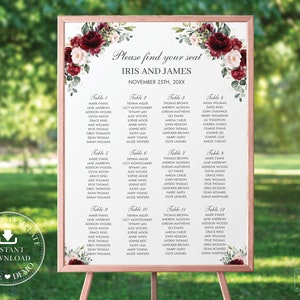 Bloemen bruiloft zitplaatsen grafiek BEWERKBARE SJABLOON, Vind uw stoel, afdrukbare bruiloft, Bourgondië Blush roze bloem groen, Instant Download RB1