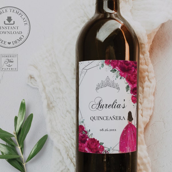 EDITABLE TEMPLATE Wine Bottle Labels Fuchsia Pink Floral Princess Quinceañera 15th Birthday Sweet 16 Silver Crown Printable Download QC71