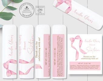 Coquette Pink Bow Lip Balm Label Printable EDITABLE TEMPLATE 4g Lip Gloss Quinceañera Sweet 16 Birthday Sticker Favors INSTANT Download QC93