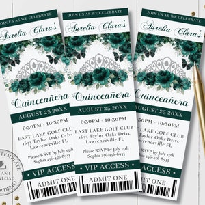 Smaragdgrün Blumen Prinzessin Krone Tiara Silber Quinceañera Ticket Einladung EDITIERBARE VORLAGE Quitte 15 Geburtstag Download druckbare QC9