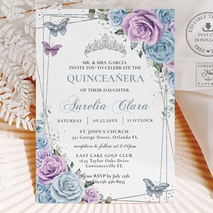 Baby Blue Lilac Floral Silver Butterflies Quinceañera Invitation Printable EDITABLE TEMPLATE Quince 15 16th Birthday INSTANT Download QC29