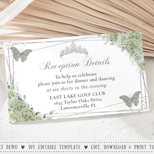 May include: A printable wedding reception details card with a silver and white geometric frame, a silver crown, and green watercolor butterflies and roses. The text reads "Reception Details" and includes the location, date, and time of the reception.
