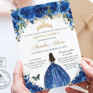Royal Blue Floral Quinceañera Invitation Printable,  INSTANT DOWNLOAD, Tiara Mis Quince 15 Anos Birthday Invite Diy Editable Template, QC16