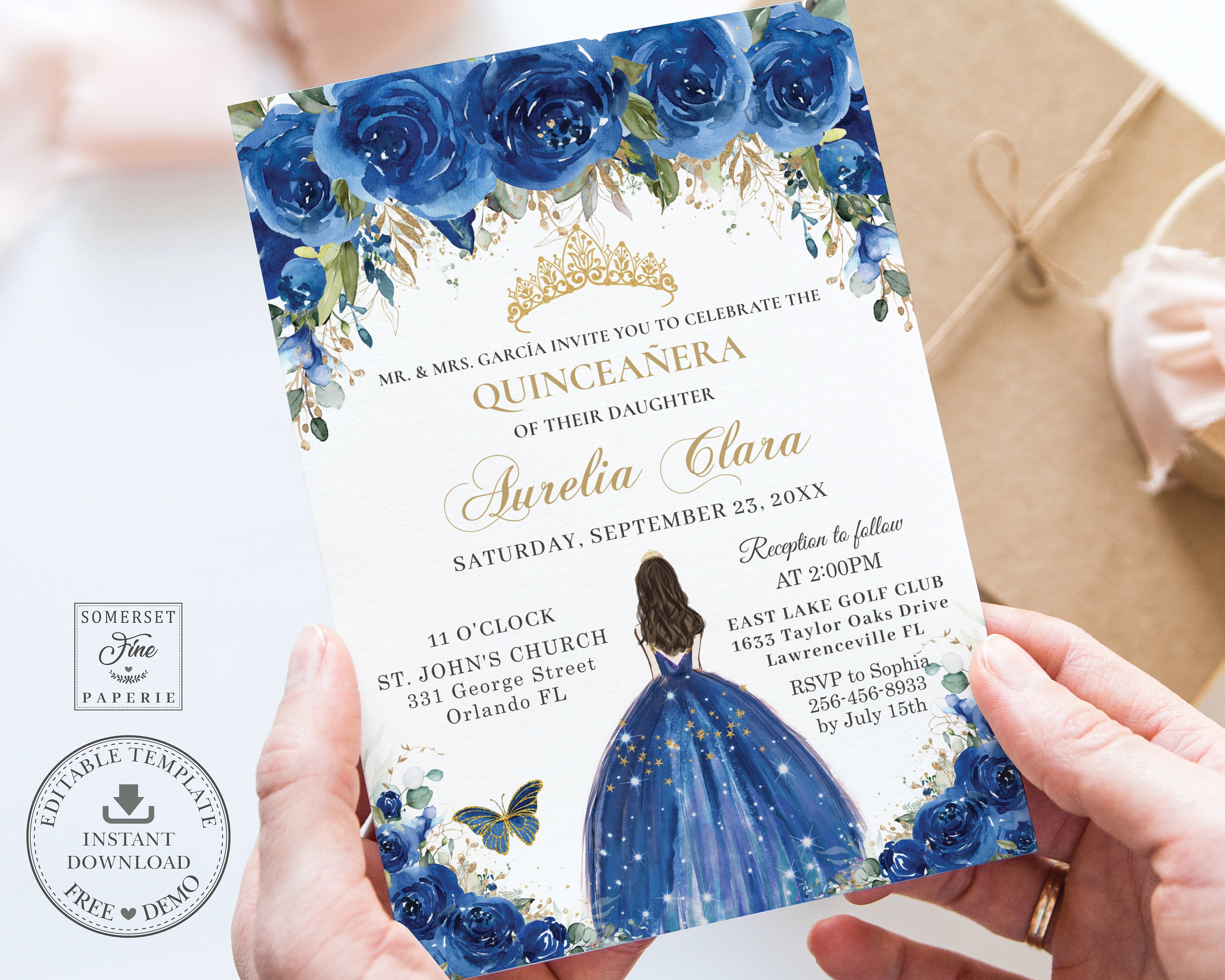 Royal Blue Floral Quinceañera Invitation Printable, INSTANT DOWNLOAD