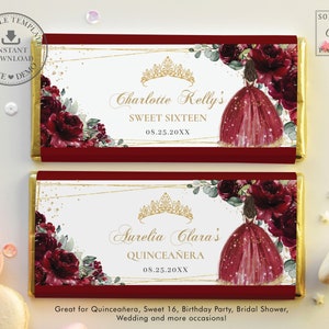 Burgundy Floral Roses Princess Chocolate Bar Wrappers EDITABLE TEMPLATE Quinceañera 16th Birthday Aldi Hershey&#39;s Candy Labels Printable QC6