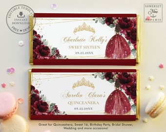 Vinröda blommiga rosor prinsess chokladkakeomslag REDIGERINGSBAR MALL Quinceañera 16-årsdag Aldi Hershey's godisetiketter utskrivbara QC6