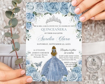 Baby Blue Floral Silver Quinceañera Invitation Printable EDITABLE TEMPLATE Blonde Girl Mis Quince 15 16th Birthday DIY Invite Download, QC18