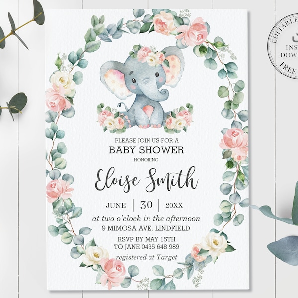 Elephant Baby Shower Invitation, EDITABLE TEMPLATE, Floral Greenery Baby Girl Invite Pdf Diy, Cute Elephant Printable, INSTANT Download EP10