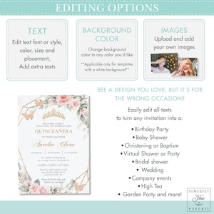 May include: A Quincea&ntilde;era invitation template with a gold geometric design, pink roses, and butterflies. The text reads "MR. & MRS. GARCIA INVITE YOU TO CELEBRATE THE QUINCEA&Ntilde;ERA OF THEIR DAUGHTER AURELIA CLARA".