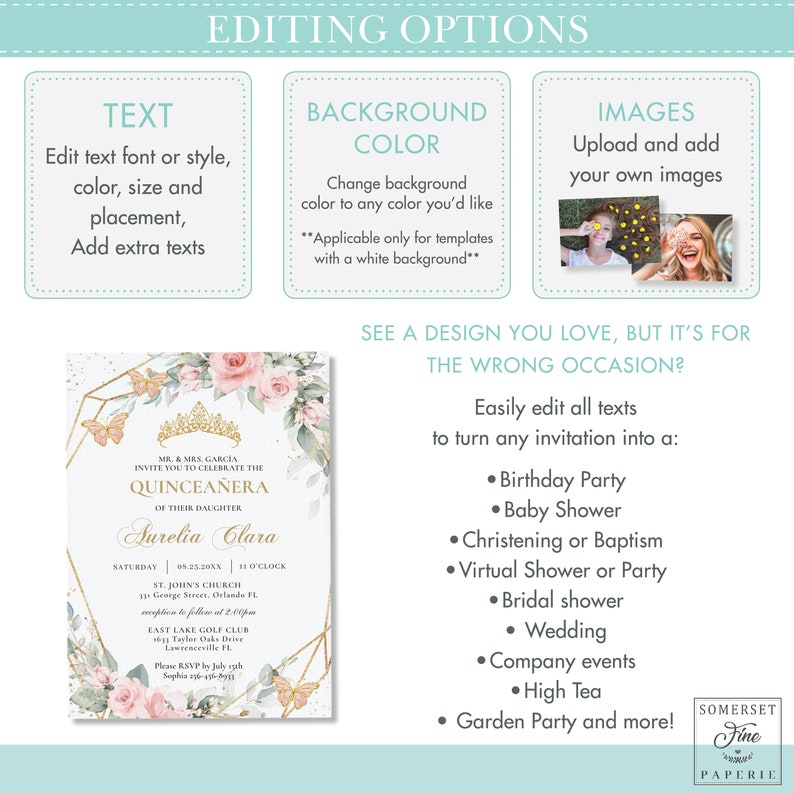 May include: A Quincea&ntilde;era invitation template with a gold geometric design, pink roses, and butterflies. The text reads "MR. & MRS. GARCIA INVITE YOU TO CELEBRATE THE QUINCEA&Ntilde;ERA OF THEIR DAUGHTER AURELIA CLARA".