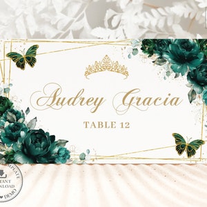 Emerald Green Floral Gold Butterflies Crown Place Cards Printable EDITABLE TEMPLATE Table Guest Name Quinceañera Sweet 16 Birthday File QC9