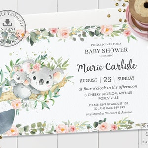 Koala Einladung, EDITIERBARE VORLAGE, rosa Blumen grün süße Mama und Baby Koalas Babyparty einladen Diy SOFORTIGER Download Pdf Printable AU1