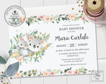 May include: A baby shower invitation with a watercolor illustration of two koalas on a branch with pink flowers. The text reads "Please join us for a baby shower honoring Marie Carlisle, August 25, Sunday at four o'clock in the afternoon, 8 Cheery Blossom Avenue, Forestville. Please RSVP by August 1st to Jane 0436 589 899. Registered at Walmart & Amazon."