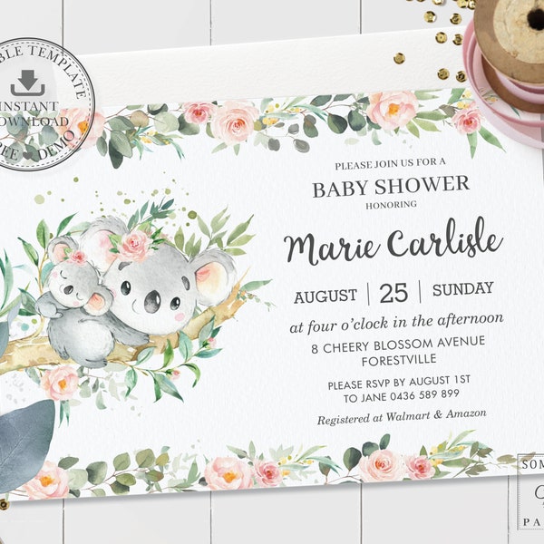 Koala Invitation, EDITABLE TEMPLATE, Pink Floral Greenery Cute Mom and Baby Koalas Baby Shower Invite Diy INSTANT Download Pdf Printable AU1