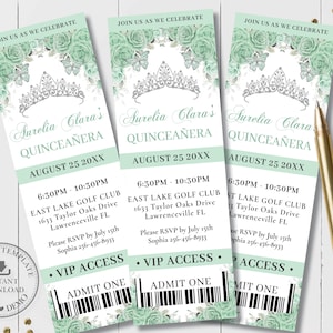 Mint Green Floral Silver Princess Crown Butterflies Quinceañera VIP Ticket Invitation EDITABLE TEMPLATE Quince 15 16 Birthday Printable QC89
