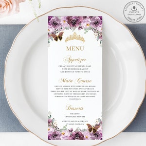 Malva plommonblommig Quinceañera-meny, REDIGERINGSBAR MALL, Prinsessa Guldkrona Sweet 16-födelsedag Mis Quince Anos Utskrivbar DIREKT Nedladdning QC14