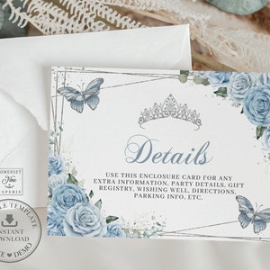 Baby Blue Floral Silver Butterflies Quinceañera Details Reception Card EDITABLE TEMPLATE Sweet 16th Birthday Enclosure Instant Download QC18
