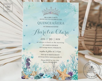 Under the Sea Turquoise Blue Silver Quinceañera Invitation Printable EDITABLE TEMPLATE Quince 15 Anos Birthday Invite INSTANT Download QC53