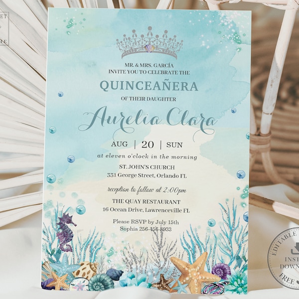 Under the Sea Turquoise Blue Silver Quinceañera Invitation Printable EDITABLE TEMPLATE Quince 15 Anos Birthday Invite INSTANT Download QC53